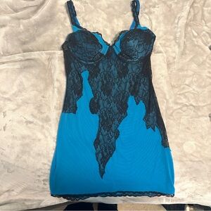 Frederick’s of Hollywood Blue & Black Lace Chemise – Sexy Lingerie Slip (Size M)